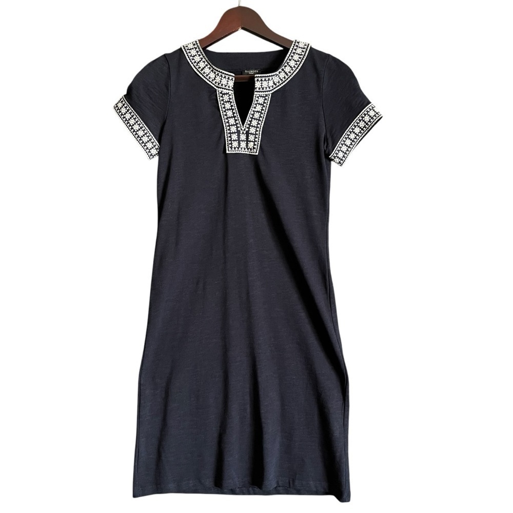Talbots Embroidered Trim Cotton Navy & White Shift Dress